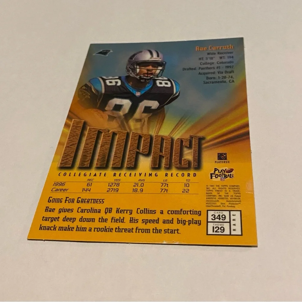 Rae Carruth 1997 Rookie Topps Finest Impact Football card Vintage Collectible